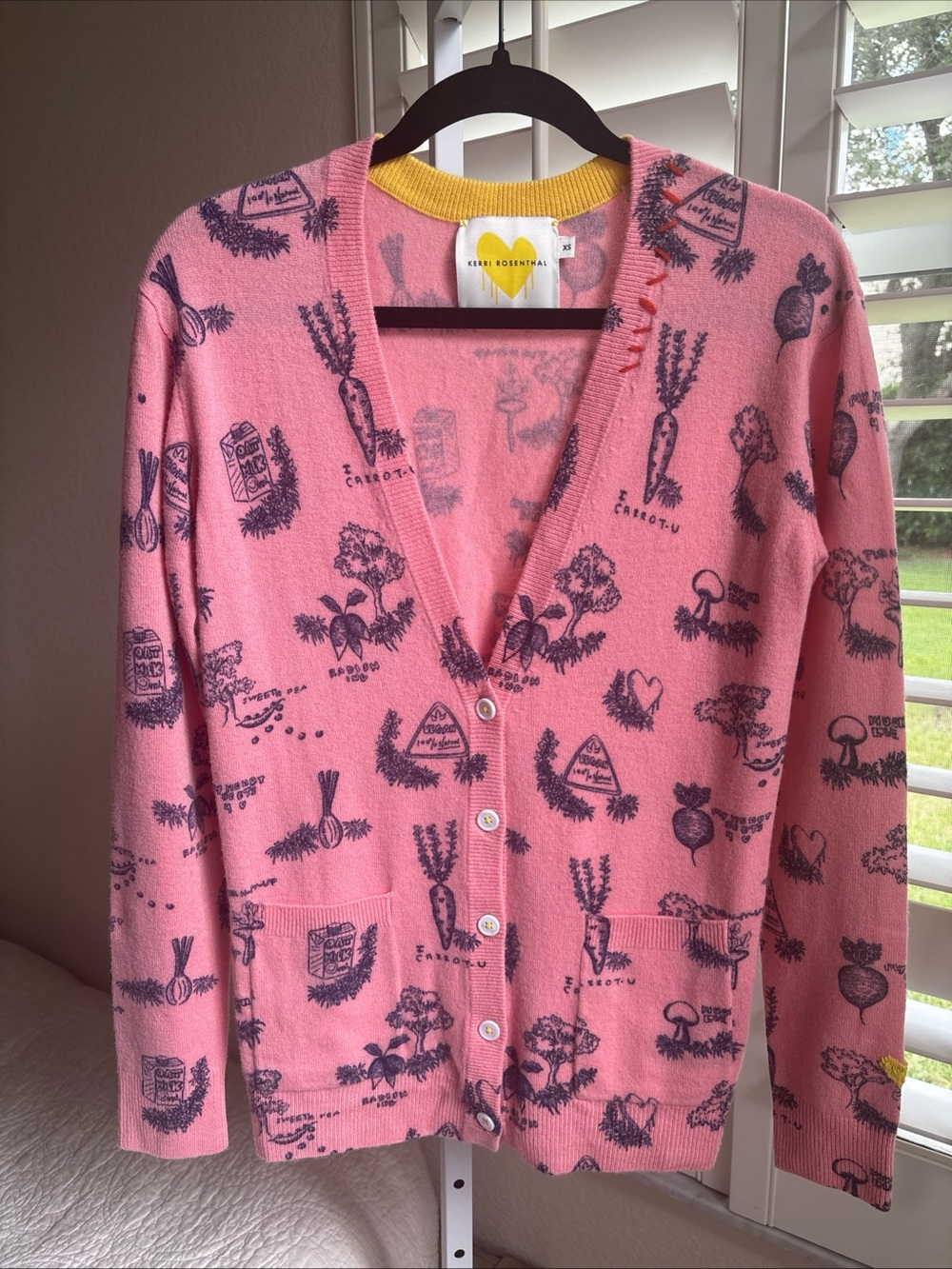 NWOT Kerri Rosenthal Good Roots Toile 100% Cashmere Cardigan XS Veggie Garden